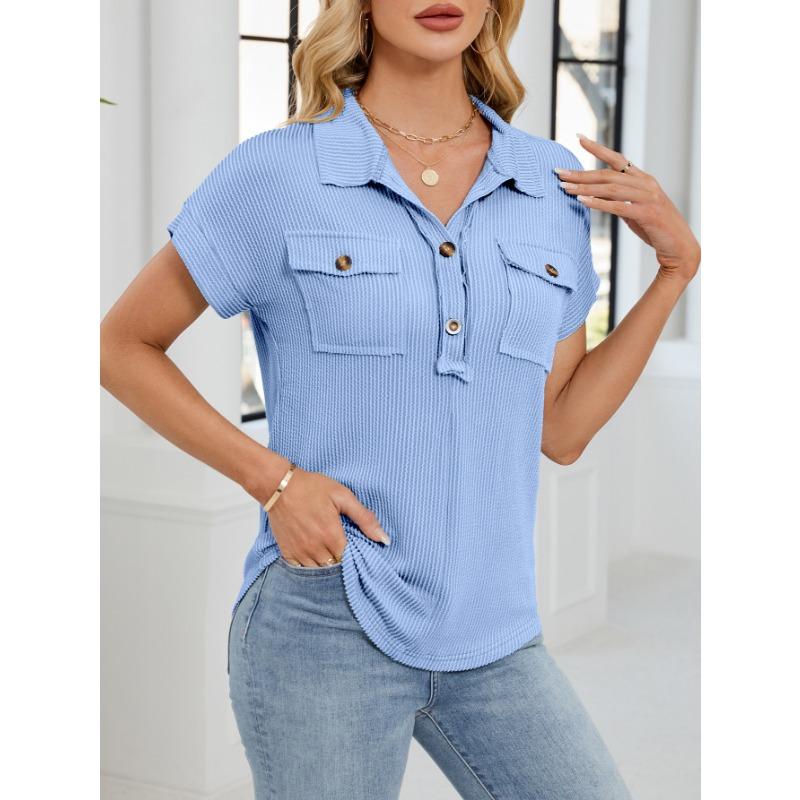 Summer New Women's Lapel Pocket Short-sleeved Solid Color T-shirt Casual Versatile Top