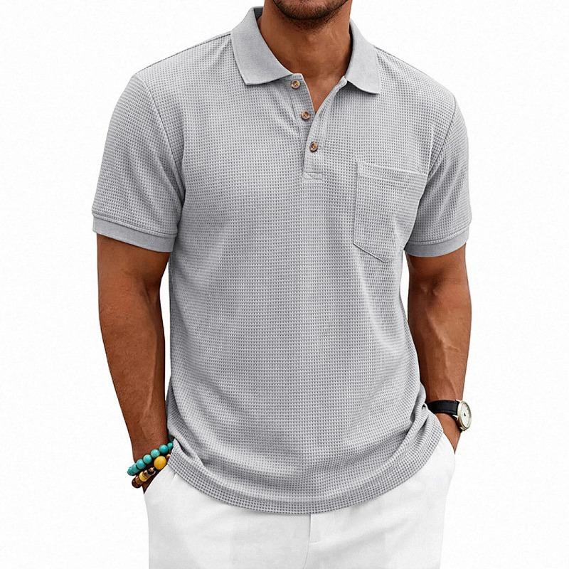 Mens Waffle Texture Polo Shirt Short Sleeve Casual Summer Top S серый