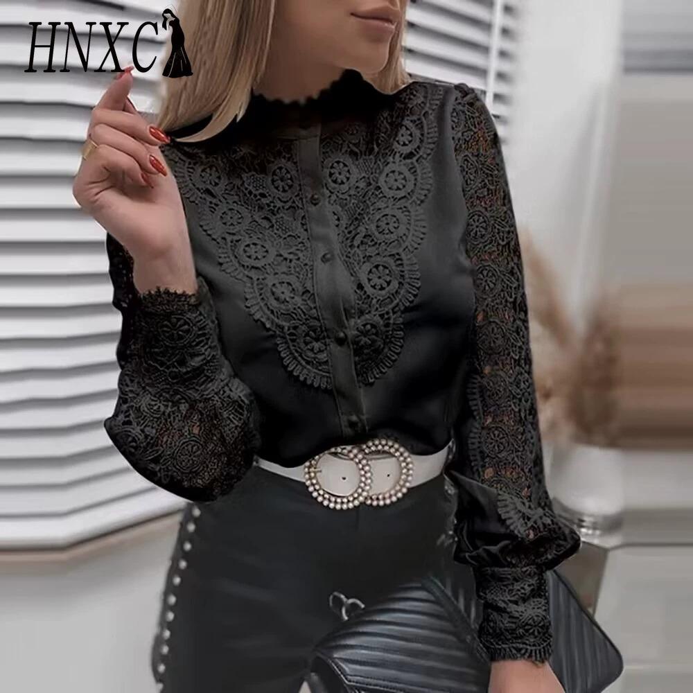 HNXC Women's Fashion Casual Solid Color Print Long Sleeve Blouses & Shirts