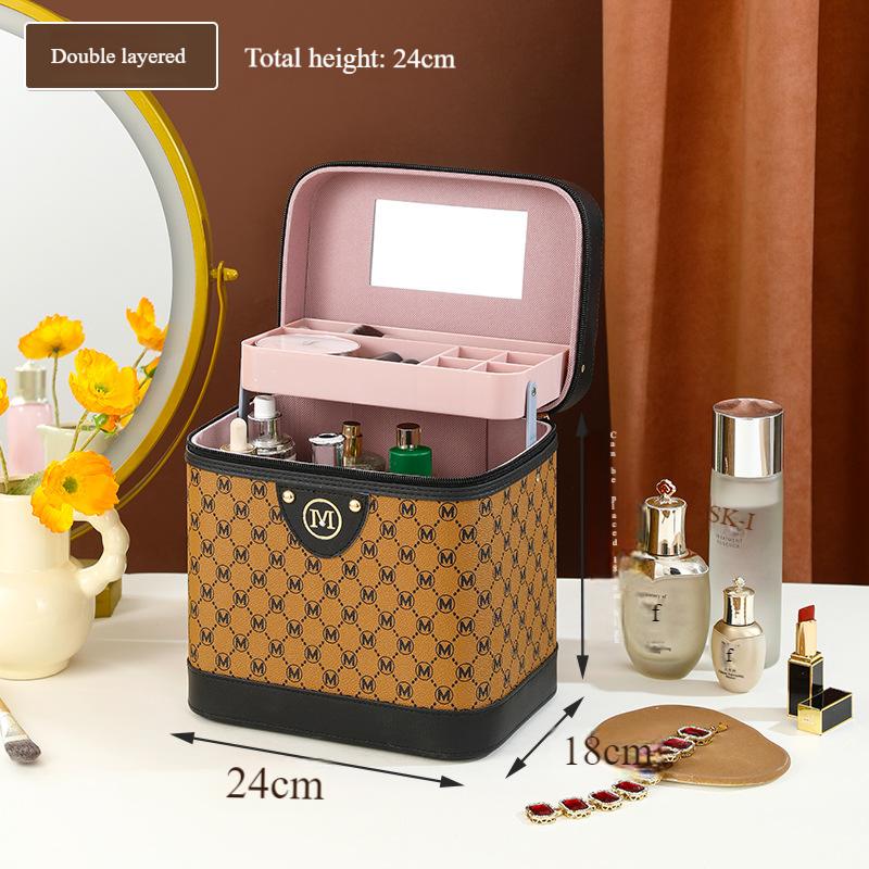 

Косметичка с большой емкостью для косметики и средств по уходу за кожей, коробка для хранения аксессуаров, женская портативная многофункциональная переносная коробка для инструментов 24x18x18cm черный коричневый