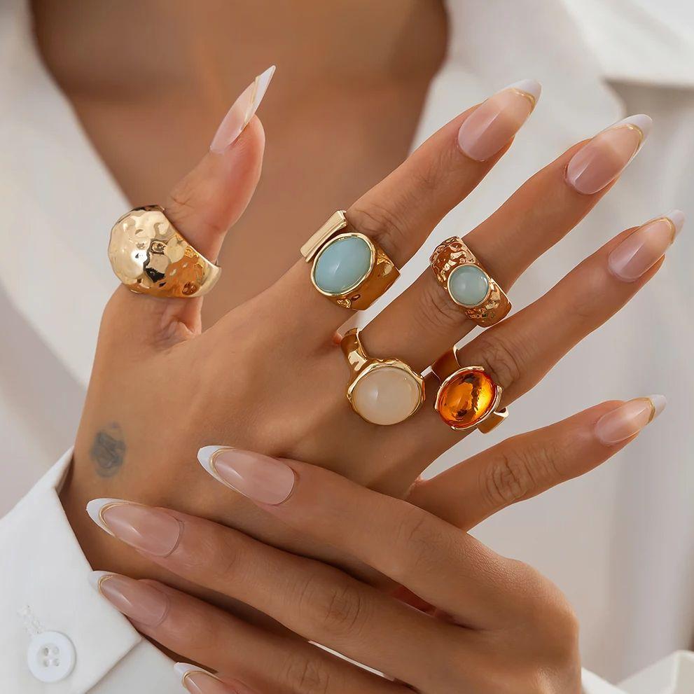 

Ingemark 5Pcs/Set Retro Gold Color Irregular Metal Ring for Women Bohemian Open Adjustable Wide Ring Aesthetic Y2K Jewelry Gift