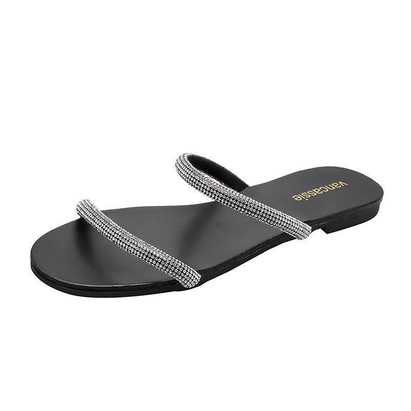 Internet Celebrity Versatile Temperament Sandals 2025 Summer New Fairy Wind Word with Rhinestone Flat Bottom Cover Toe Cool Slippers Outside Wear