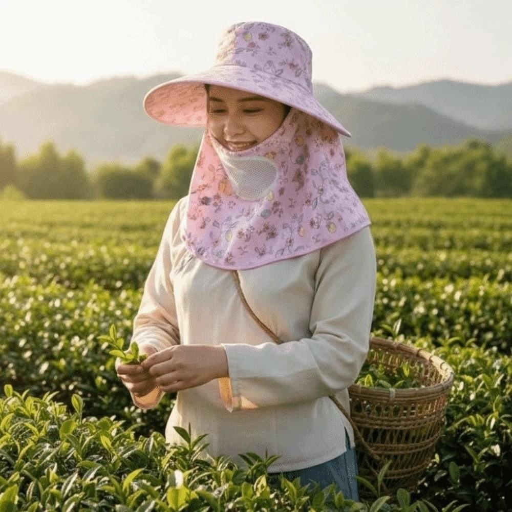 Floral Picking Tea Hat With Mask Neck Protection Hat Soft Sunshade Shawl Cap  for Gift