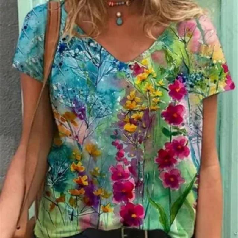Summer V-neck 3D Ink Painting Flower Patterns Printed Top Fashionable Casual Short Sleeved Women's T-shirts