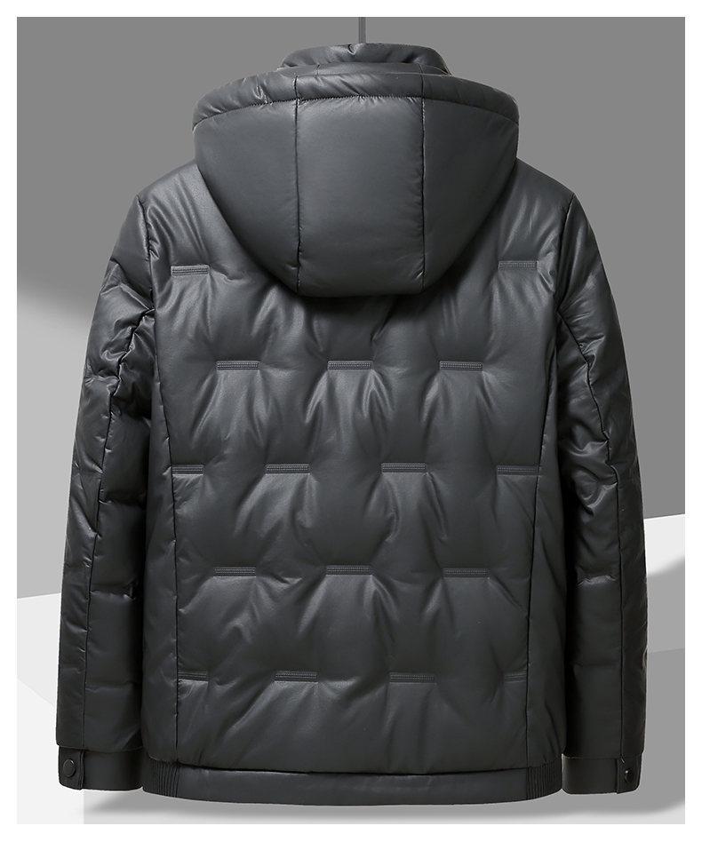 2025 Winter Men's Shiny Leather Hooded Down Jacket - Casual, Warm, Pure Color Outerwear