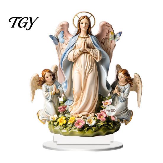 Catholic Religious Statue Virgin And Angel Ornament, 2D Acrylic Ornament with Christian Home Base, Table Centerpiece, Gift for Women