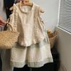 Girl's Summer Casual Thin Section Suit Middle and Small Children Embroidery Lace Edge Vest + Loose Wide Leg Pants Two-piece Set