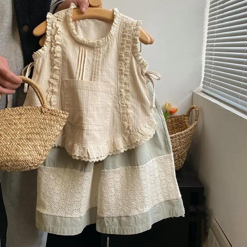 Costum de vară casual cu secțiune subțire pentru fete, copii mici și mijlocii, broderie, bordură din dantelă, vestă + pantaloni largi cu picior larg, set din două piese