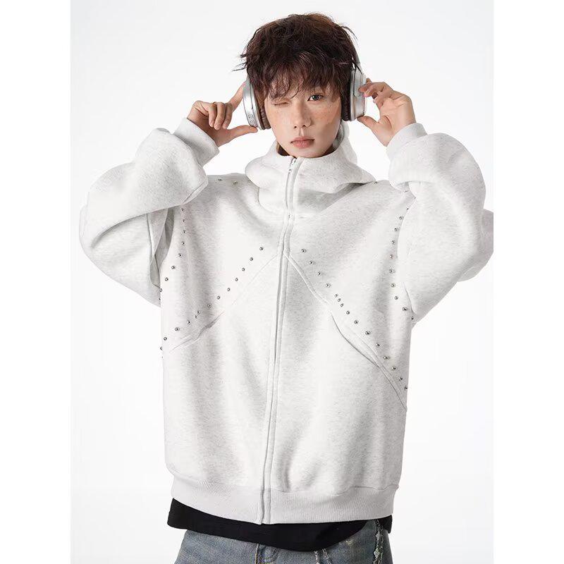 Men's Retro Rivet Hooded Cardigan: Trendy Autumn/Winter Streetwear Zipper Jacket with Plus Velvet