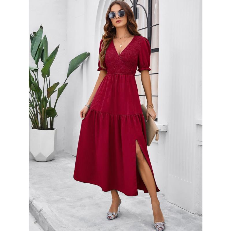 Summer Women's Dress Temperament Solid Color V-neck Short-sleeved Long Dress