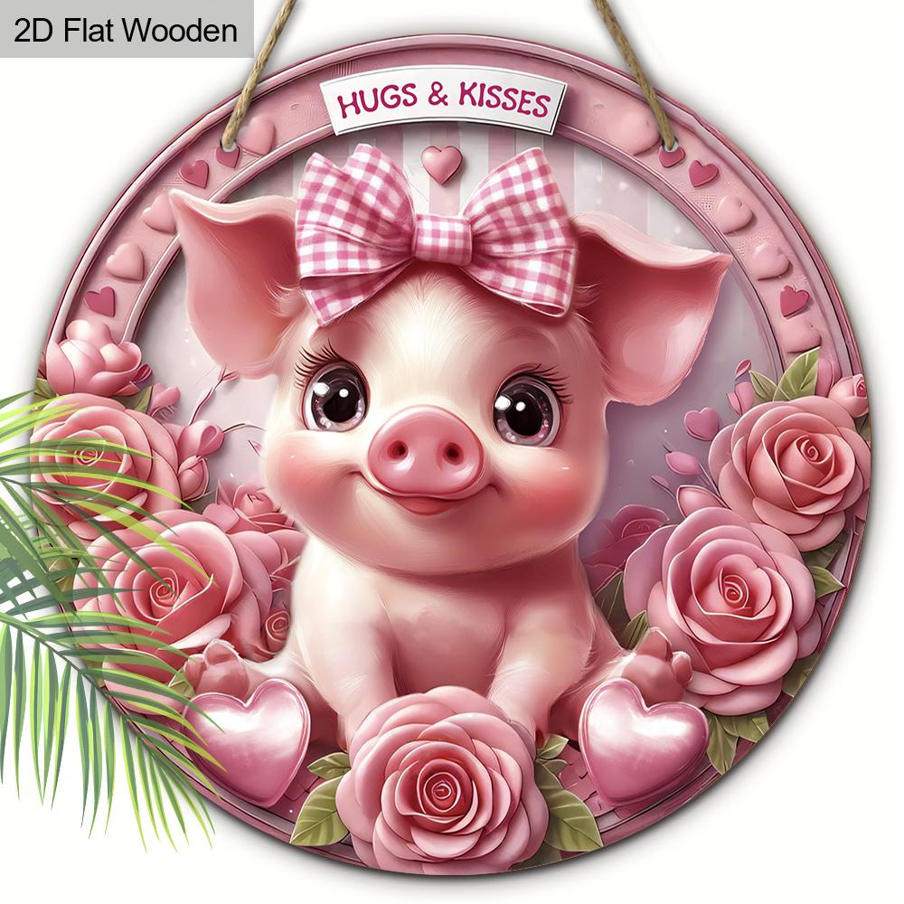 Hugs & Kisses Valentine s Day Piglet Wooden Sign, Round Front Door Decor, Pink Rose & Heart Wall Hanging - Ideal Romantic Gift 1pc розовый