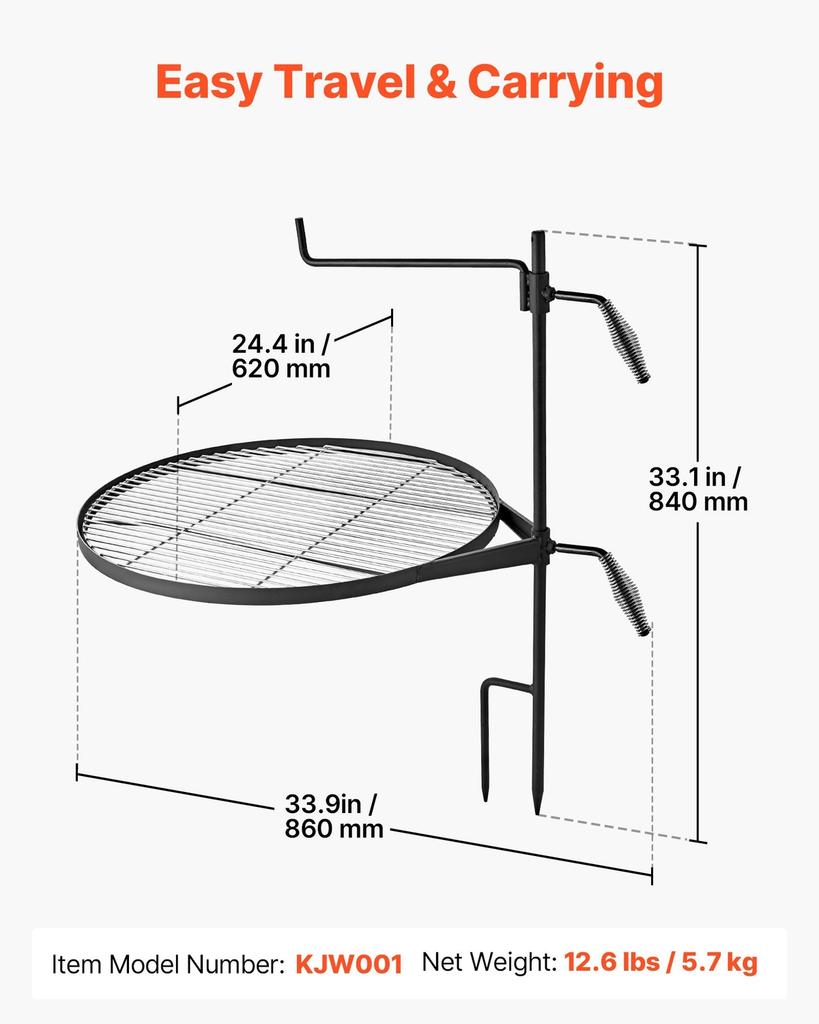 Heavy Duty Swivel Campfire Grill, 62cm Round Portable Camping Grill Grate, Sturdy Steel BBQ Mesh, 360° Height Adjustable Over Fire Pit with Support