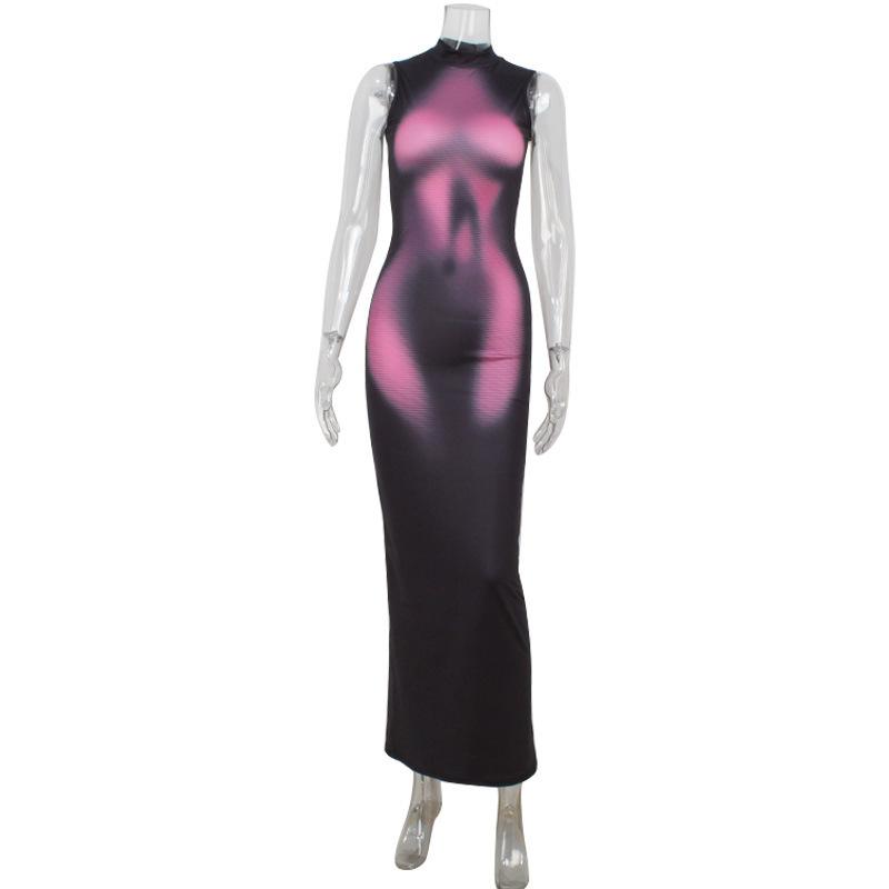 Sexy Women's Clothing, Fashionable, Cool and Handsome 3D Printing Sleeveless Slim-fitting High-elastic Dress, Hip-wrapped Long Dress for Women