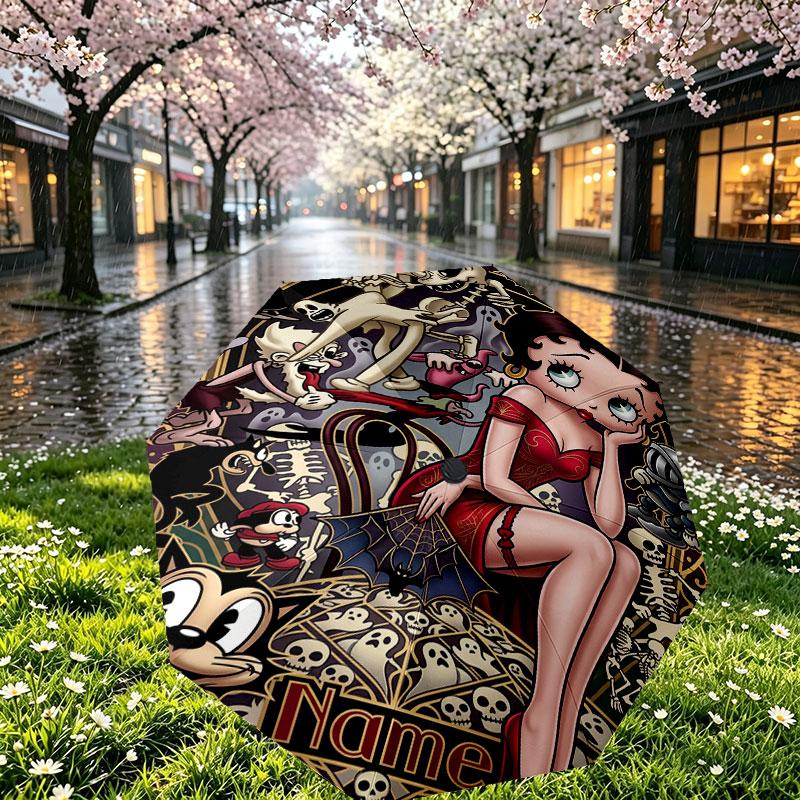 Spersonalizowany Parasol z Nadrukiem Betty Boop z Imieniem, Automatyczne Otwieranie i Zamykanie, Wytrzymały Stelaż z 8 Żebrami, do Codziennego Użytku, na Kemping i Piesze Wycieczki, Prezent Urodzinowy