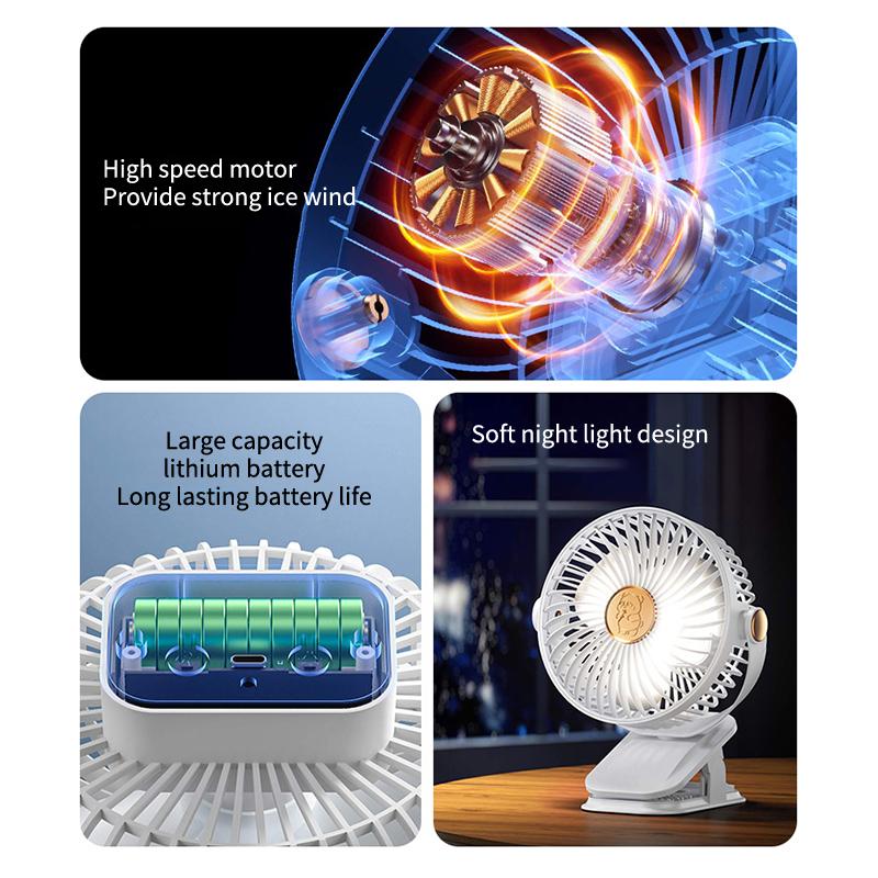 Clip-on Camping Fan 3 Speed Rechargeable Battery Operated Air Circulator Desktop Portable for Tent Office Dorm and Home