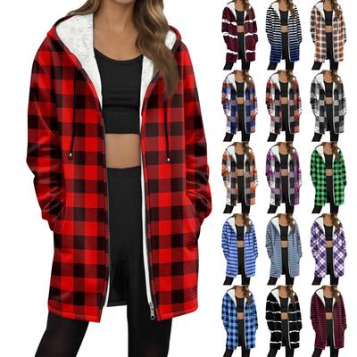 Women's Striped Printed Fashionable Loose Zipper Fleece Hoodie Jacket