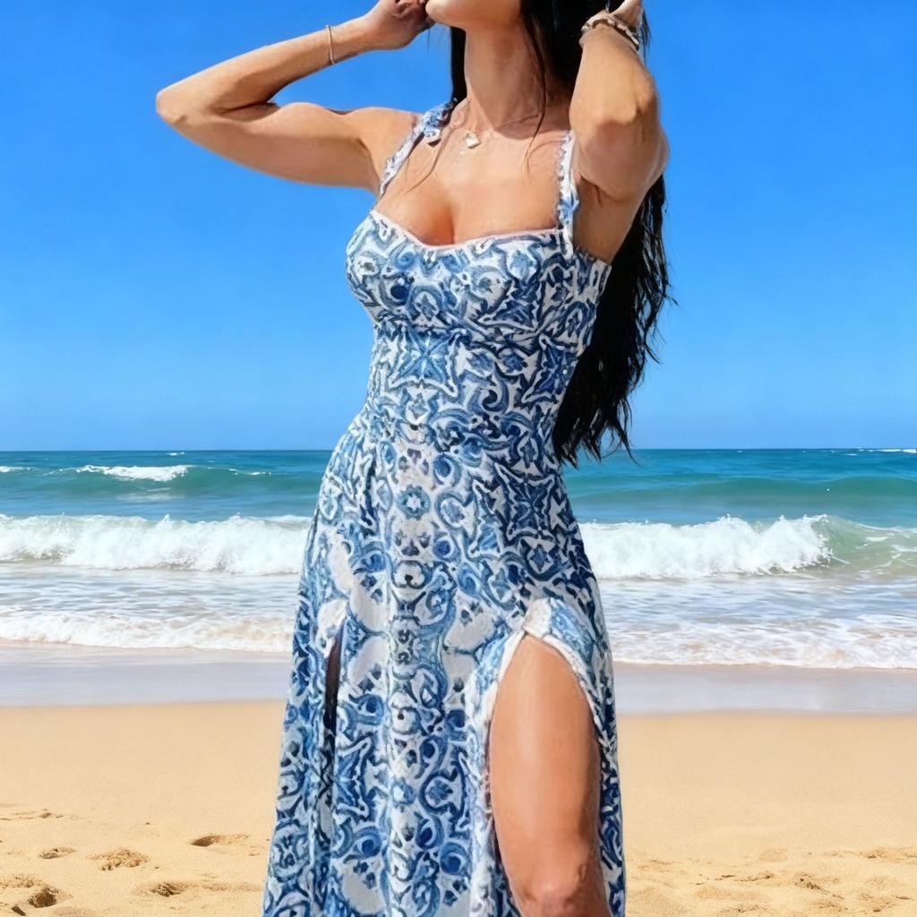 New spring women's clothing, European and American dresses, fashionable and sexy printed split suspender skirts