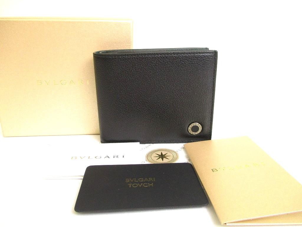 Authentic BVLGARI Black Emerald Green Leather Bifold Wallet Compact Wallet #a896  Refurbished