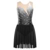 Womens Figure Skating Dress Rhinestones Mesh Patchwork Sleeveless Ice Skating Dress Built In Crotch Briefs