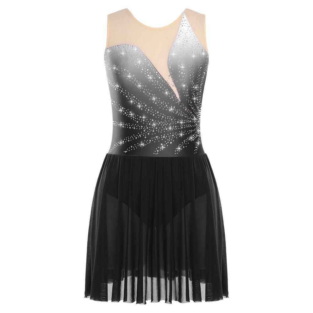 Womens Figure Skating Dress Rhinestones Mesh Patchwork Sleeveless Ice Skating Dress Built In Crotch Briefs
