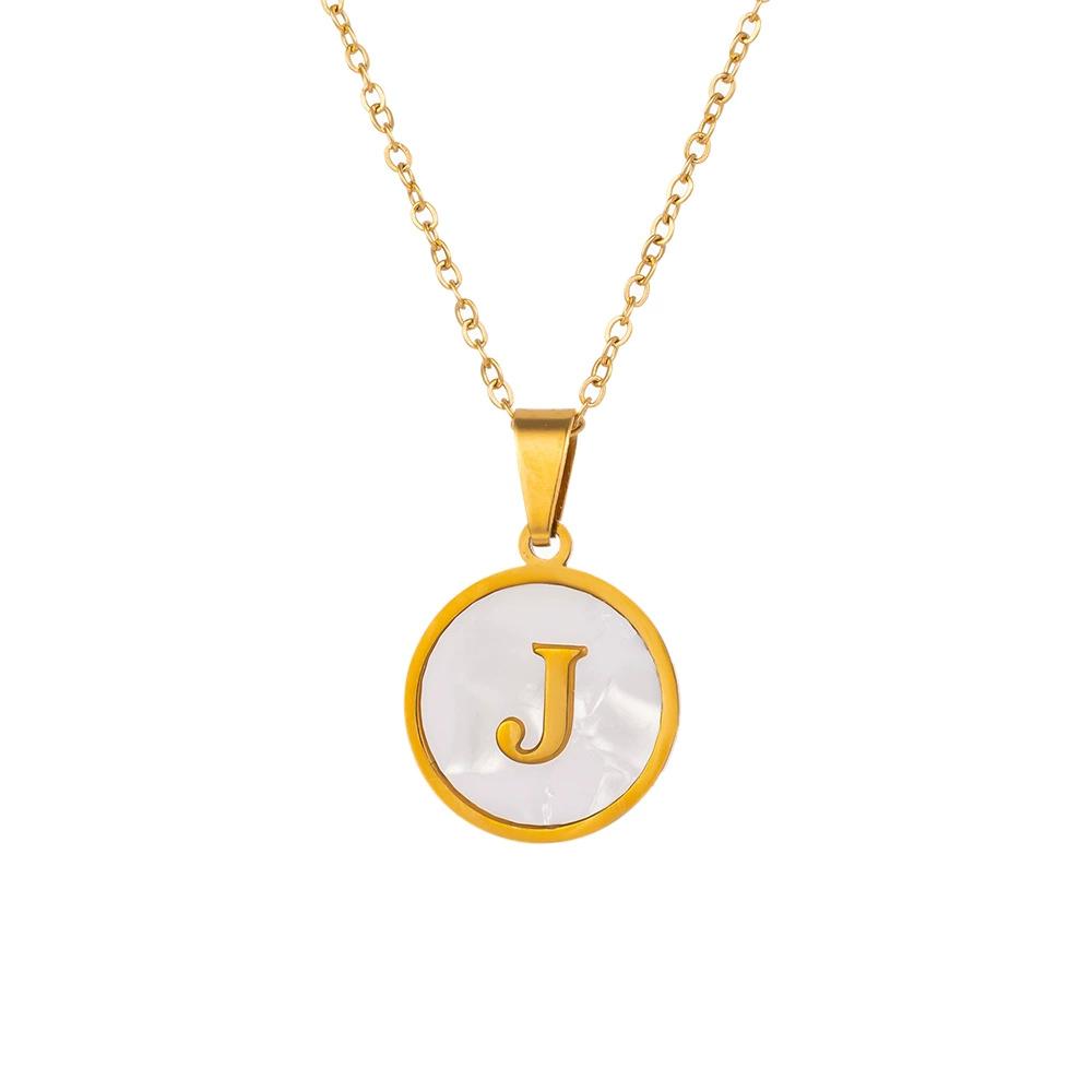 Round Gold Color 26 Letter Necklaces Alphabet Shell Pendant Necklace for Women Men Stainless Steel Chain Jewelry 1PC