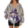 Women's Fashionable V-neck Christmas Printed Long Sleeved Casual Pullover Plush Warm Sweatshirt Top