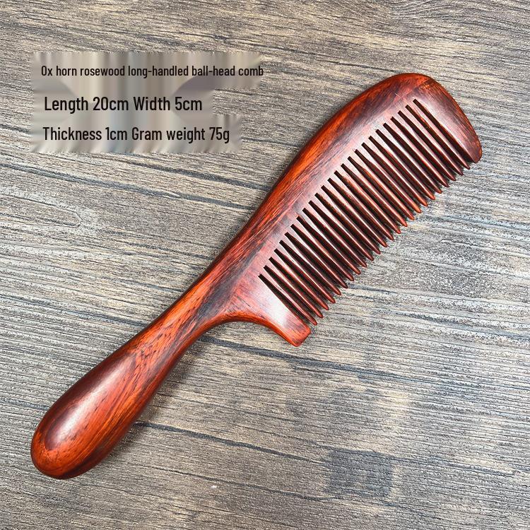 Northern Purple & Red Sandalwood Ox Horn Ball-Handle Comb: Thick, Thin, Long Wood Handle Grip Comb