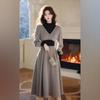 Women's Gray Knitted Turtleneck Sweater Dress - Elegant Winter 2024 Long Skirt