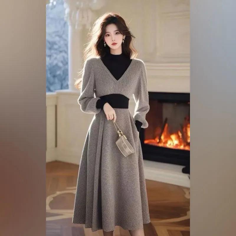 Women's Gray Knitted Turtleneck Sweater Dress - Elegant Winter 2024 Long Skirt
