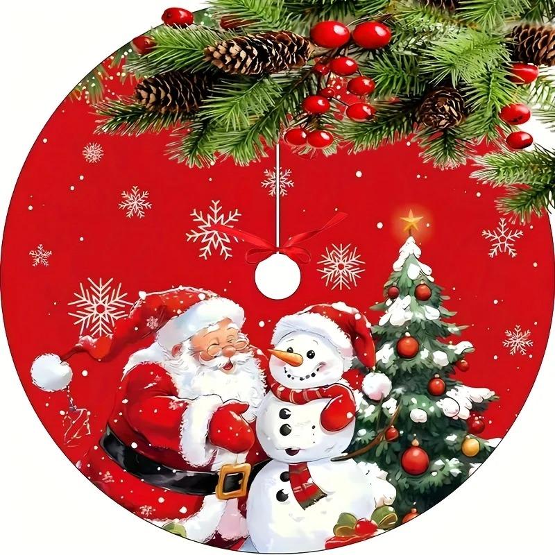 Festive Snowflake Santa Tree Skirt - Red Christmas Felt Mat with Anti-Slip Backing, Decorative & Protective Tree Base Cover