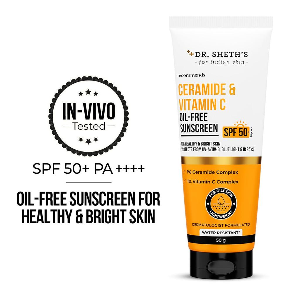 Dr. Sheth's Ceramide & Vitamin C Oil-Free Sunscreen SPF 50+ PA++++ |In-Vivo Tested | For Healthy & Bright Skin | Lightweight & Non Greasy | For U
