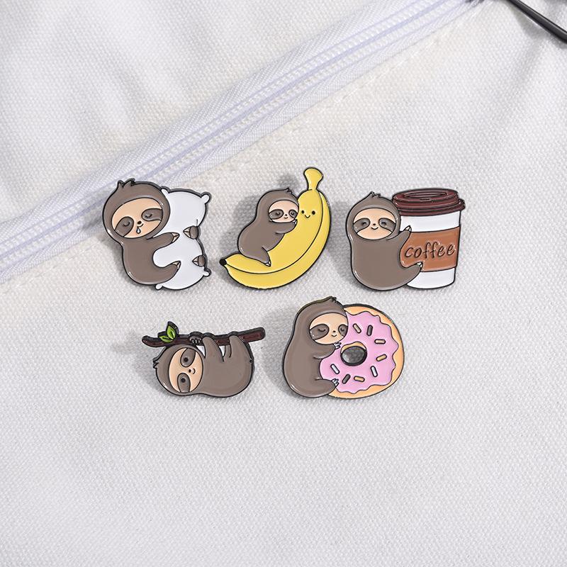 Lazy Cute Sloth Enamel Pin Cartoon Coffee Donut Banana Pillow Lapel Brooch Backpack Clothes Badge Decorative Metal Jewelry Gifts