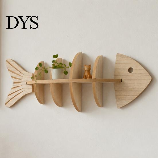 Small Apartment Space Saving Shelf Fish Bone Storage Rack, Wood Wall Mounted Floating Shelf, Ocean Style Bathroom Organizer for Aromatherapy