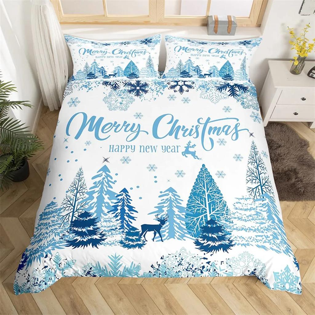 Merry Christmas Duvet Cover Happy New Year Microfiber Xmas Deer Elk Bedroom Decoration for Boys Girls Golden Bow Holiday Gifts