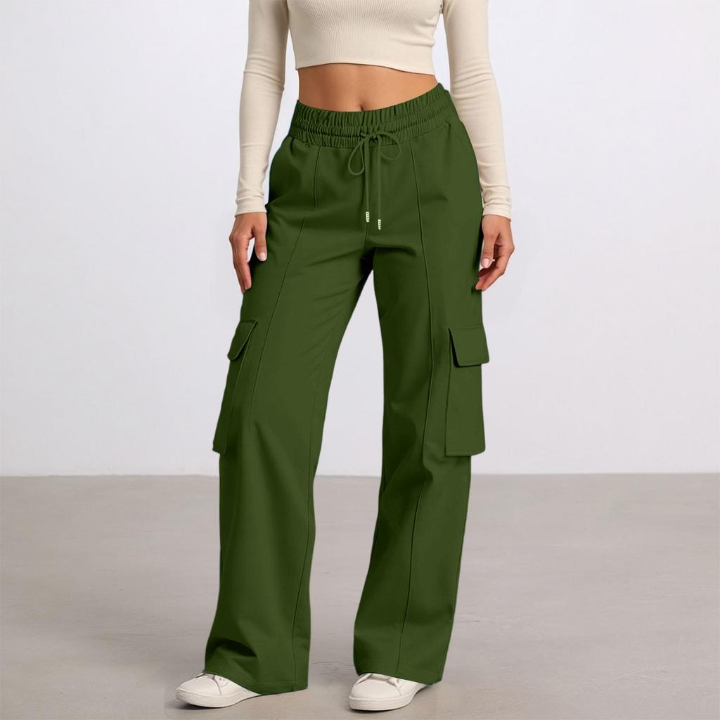 Women's Casual Fashion Solid Color Elastic Waist Drawstring Workwear Wide Leg Pants With Pockets