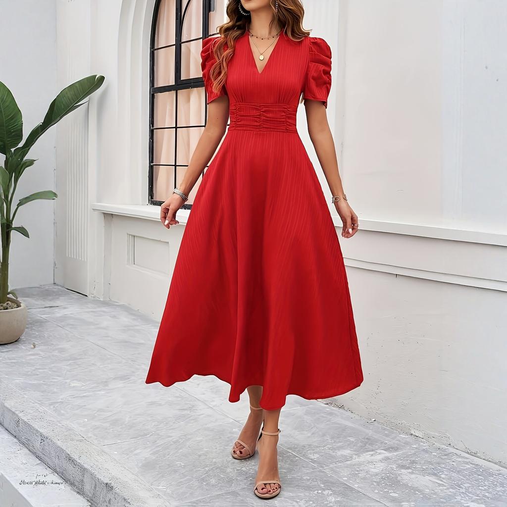 Γυναικείο Μοντέρνο Χρωματιστό Φόρεμα V-neck Κοντομάνικο