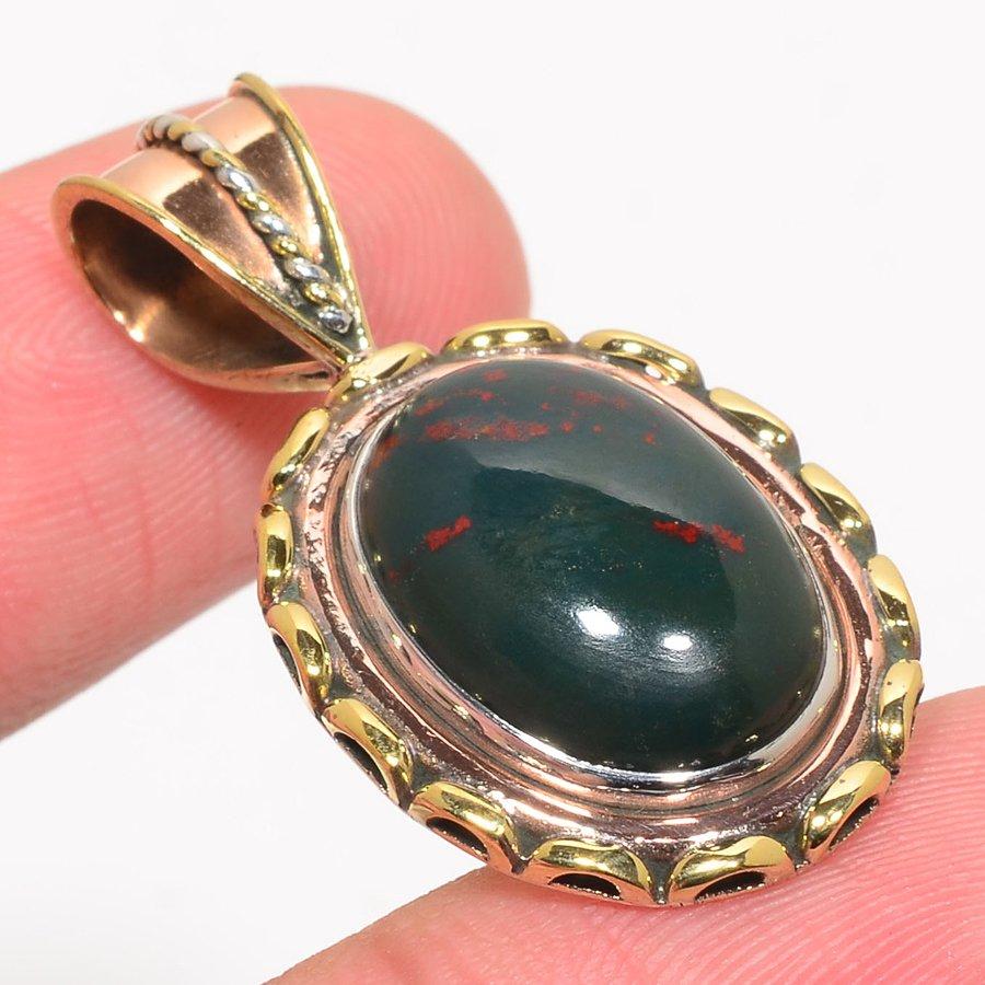Natural Bloodstone Gemstone TwoTone 925 Solid Sterling Silver Pendant 1.50" A5i09