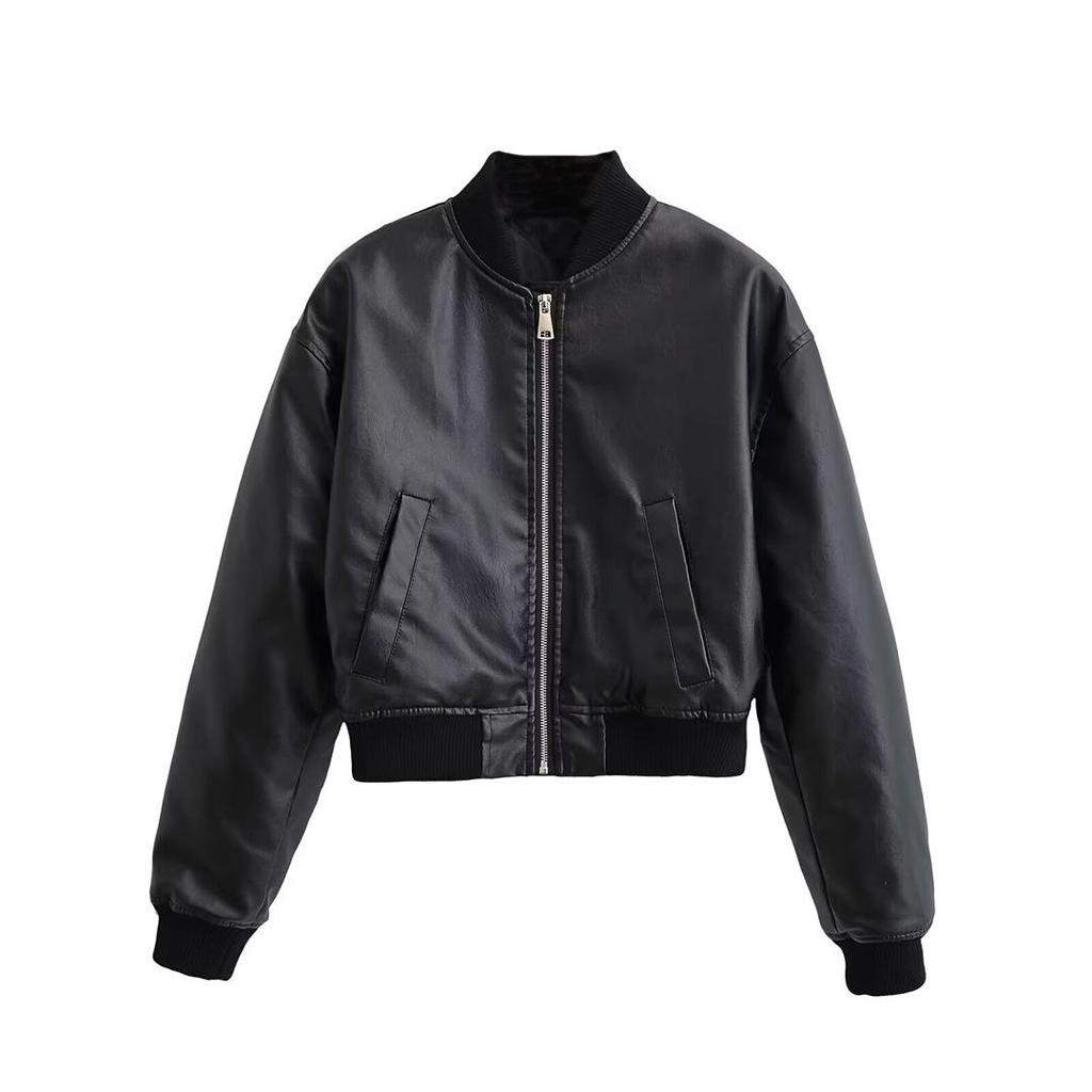 Autumn 2024 Women's European-American Style Washed Faux Leather Flight Jacket 6318223