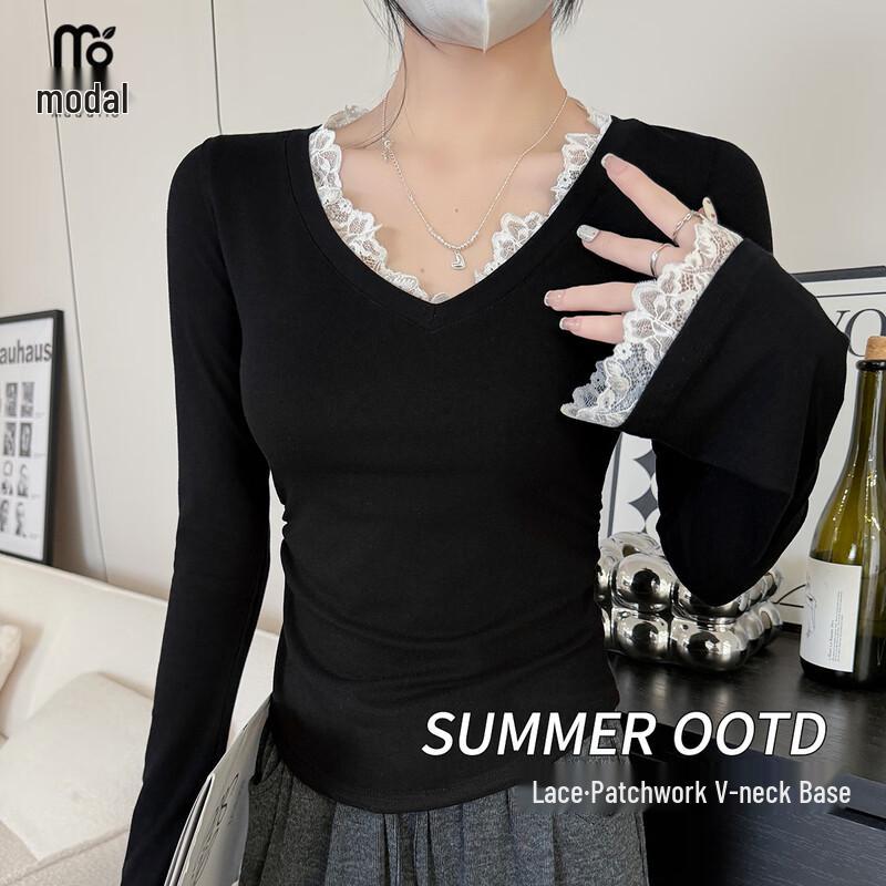 Women s Modal V-Neck Lace Long-Sleeve Base Top S