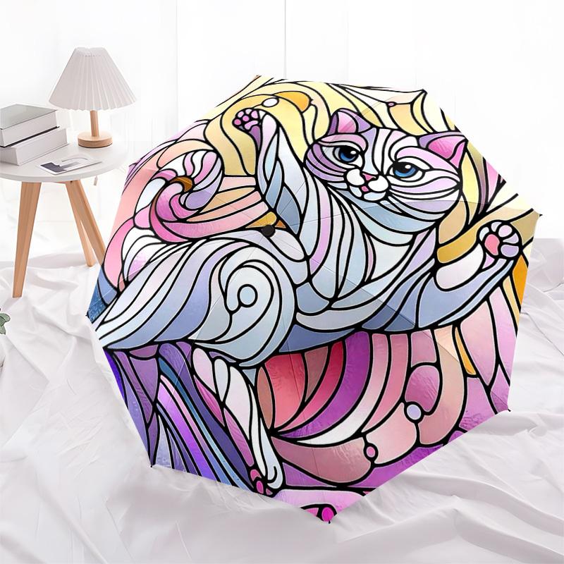 1pc Stained Glass Cat Design Automatic Opening Folding Umbrella with 8-Rib Iron Frame, Suitable for Fans, Travel, Daily Use, Outdoor, Festive Gift.SS0