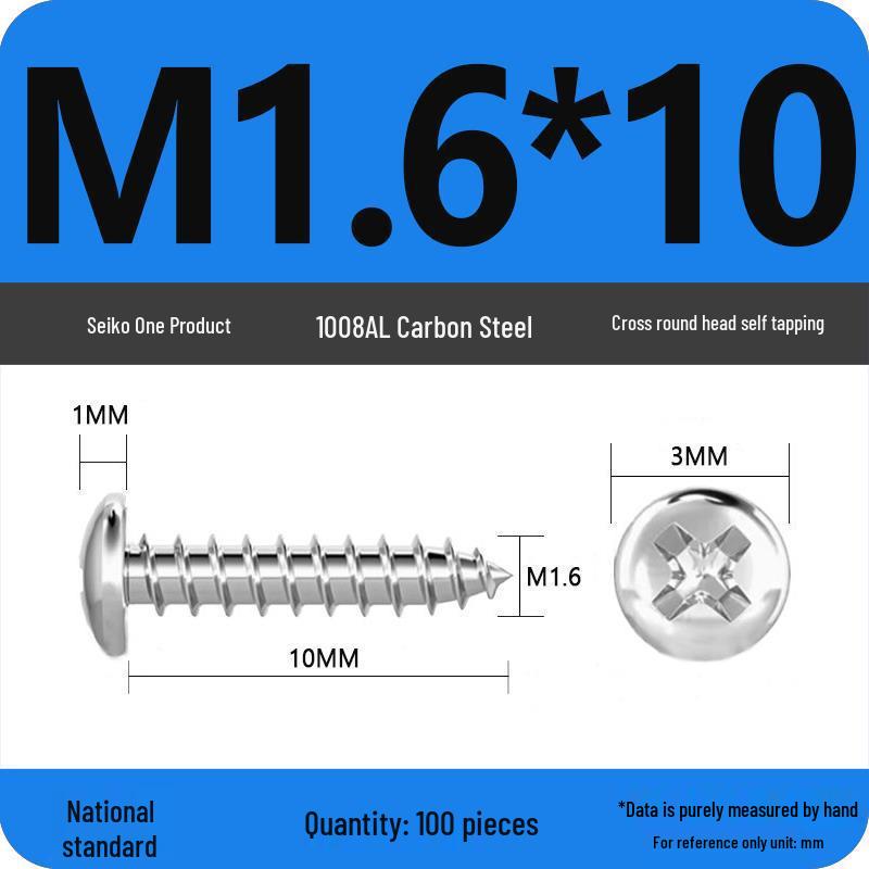 Galvanized Self-Tapping Screws, Round Head, White Zinc, PA Cross Pan, Pointed Tail M1.2-M4