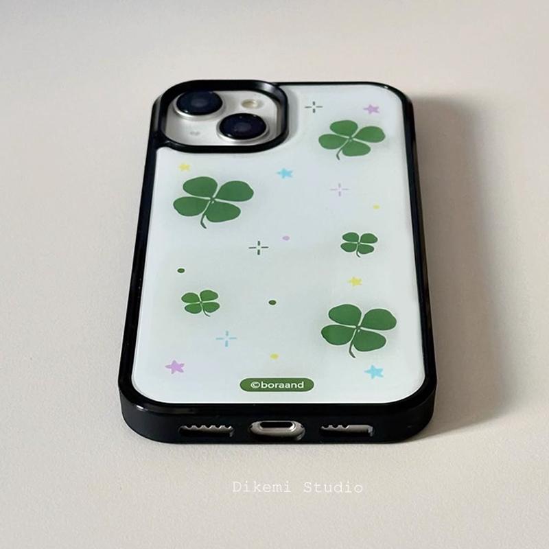 Korean Ins Fresh Starlight Dot Lucky Four Leaf Clover Phone Case For iPhone 17 16 15 14 13 12 11 Pro XR X Max 7 8 Plus Y2K Cover
