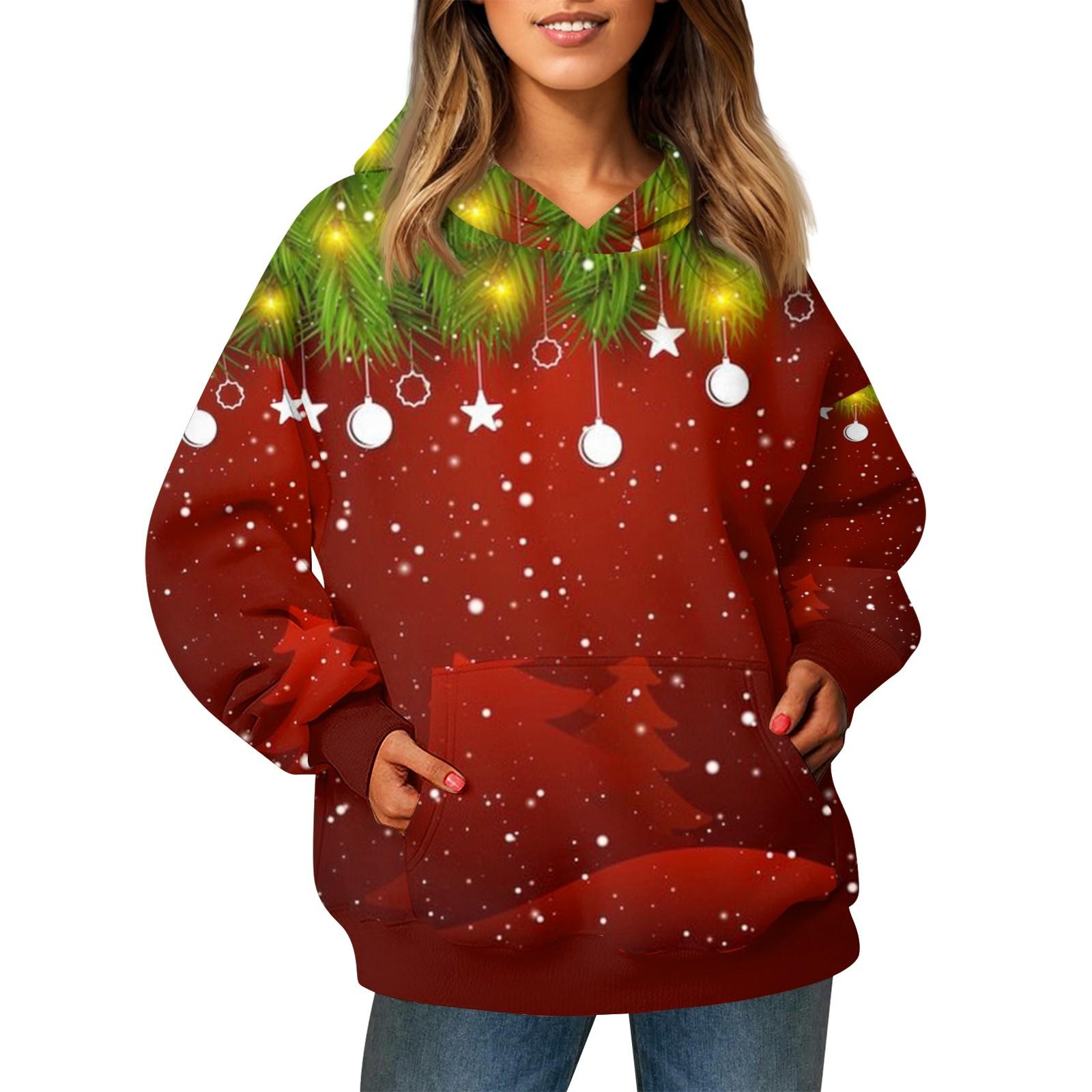 

Женский модный свитер с длинными рукавами и рождественским принтом, с капюшоном и карманом XXXL