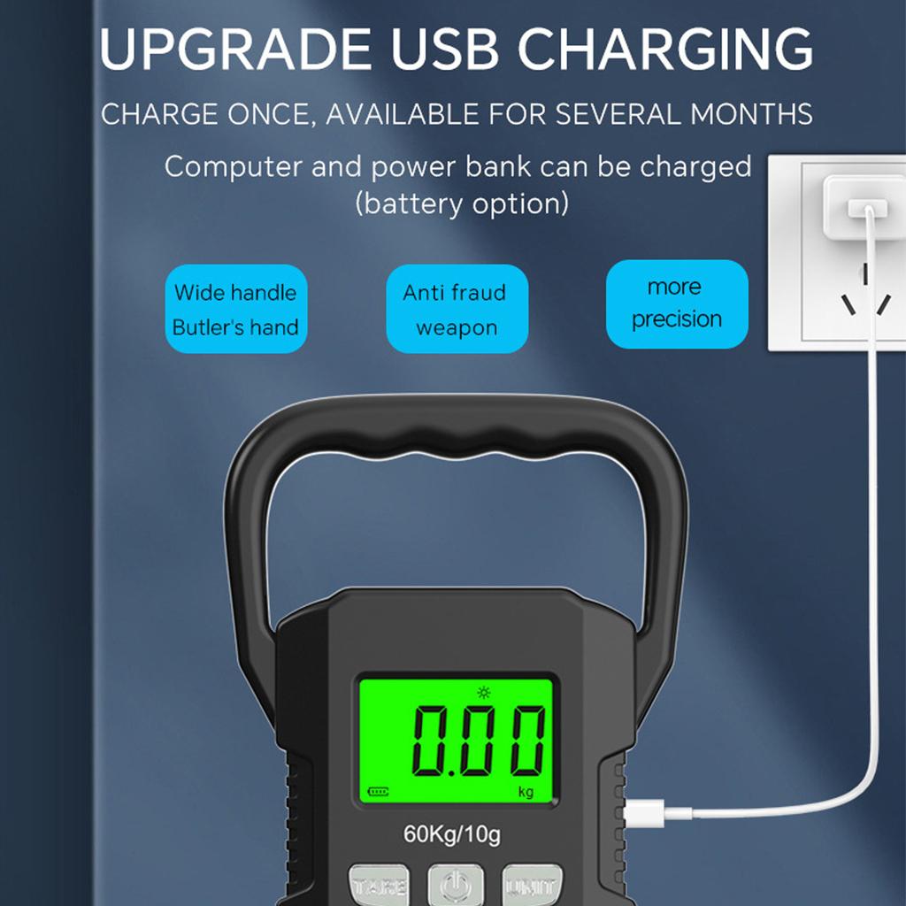 Portable Digital Weight Scale 60kg Electronic Luggage Hanging Scale Battery/USB Charging LCD Fishing Weighing Balance
