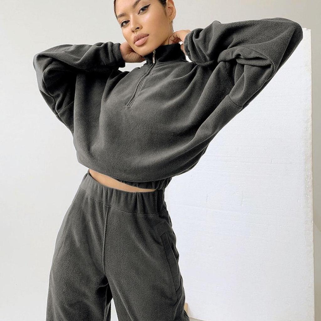 Solid Women Color Sleeve Long V Neck Hoodies Suit Autumn Winter Loose Top Wide Leg Pants