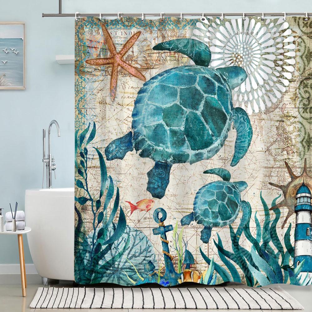 Turtle Shower Curtain Summer Beach Anchor Nautical Starfish Watercolour Art Creative Polyester Shower Curtains Bathroom Decor