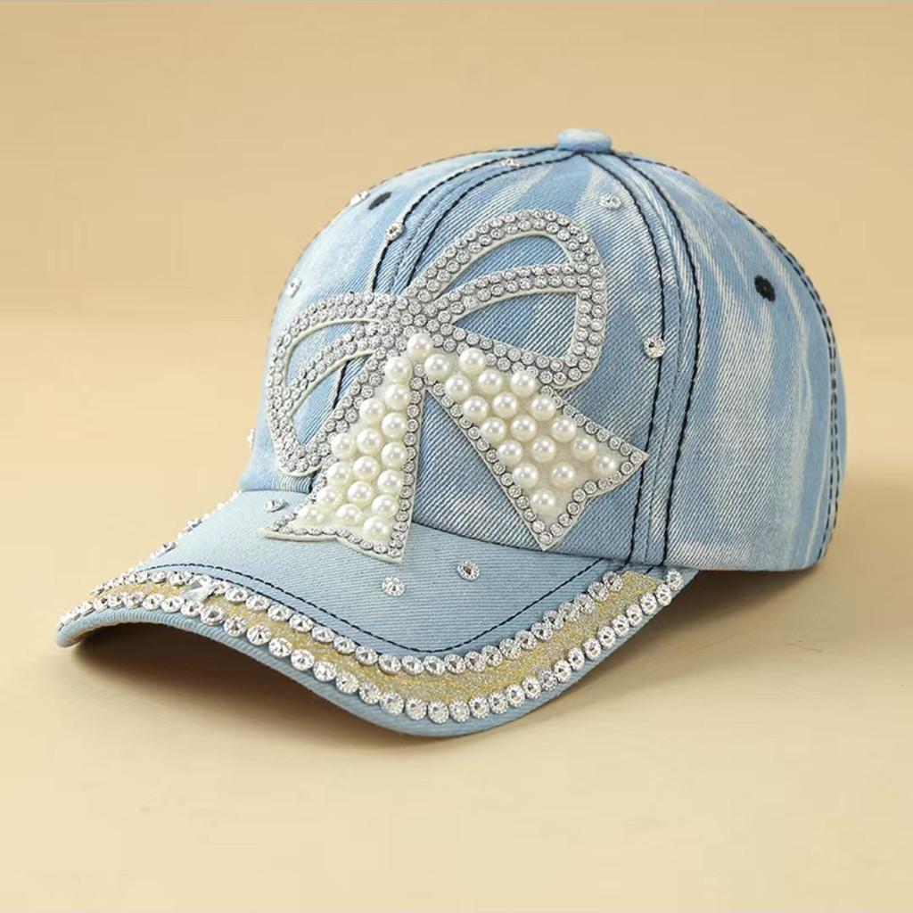 Artificial Pearls And Rhinestones Denim Cap With Sun Protection And Windproof Features For Women