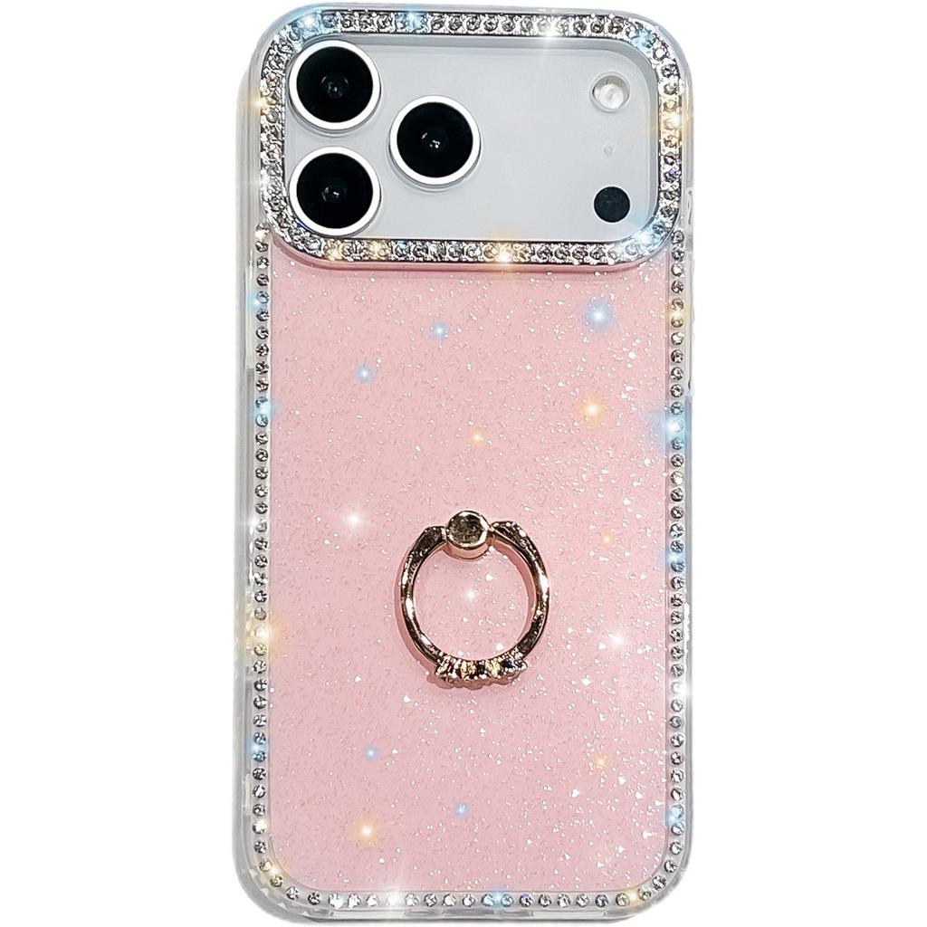For iPhone 17 Pro Max Case with Ring Kickstand Rhinestone Edge TPU+PC IMD Phone Cover