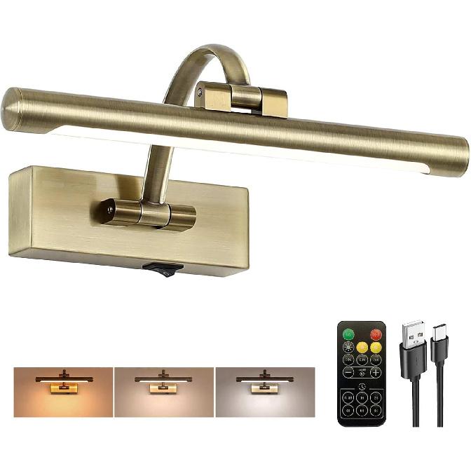 Tassuowell Rechargeable Picture Light with Remote Control,12 Inch Brass Finish Adjustable Wireless Art Lighting Fixture,Painting Lights with Timer,3