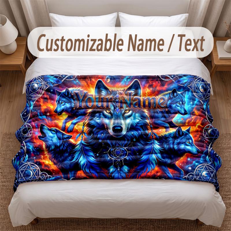 Wolf Theme Soft Blanket Personalized Custom Name Text Print Warm Blanket Home Sofa Bedroom Decor